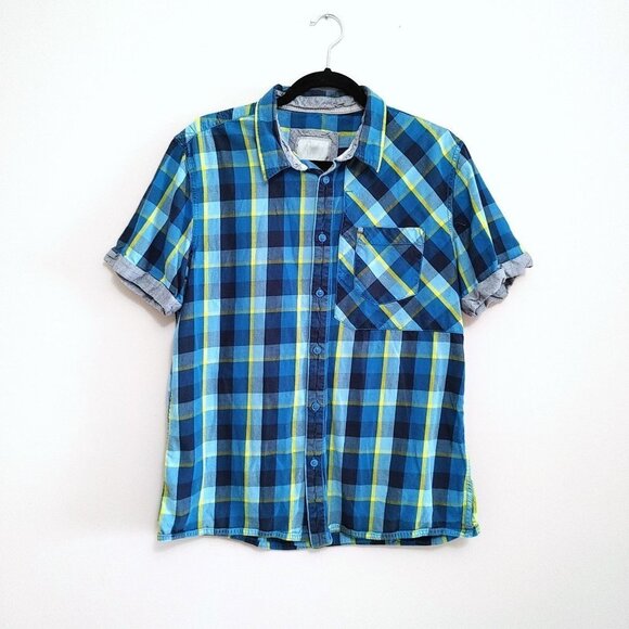 Bench Men's  Button Up Shirt Size Large Blue Yellow Plaid Short Sleeve - Picture 1 of 3